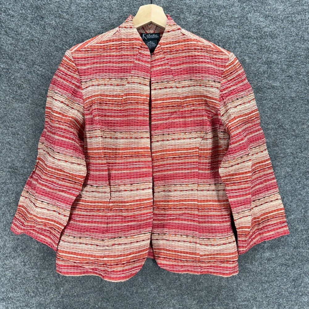 K Studio Blazer Women 12 Pink Striped Long Sleeve Open Front Cotton Casual